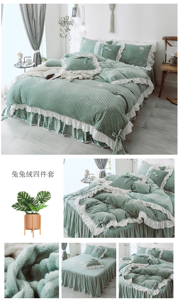 Hàn Quốc nhung công chúa gia đình gió thỏ bốn nhung san hô flannel dày giường chăn giường váy pha lê Fleece - Bộ đồ giường bốn mảnh bộ chăn ga gối cotton