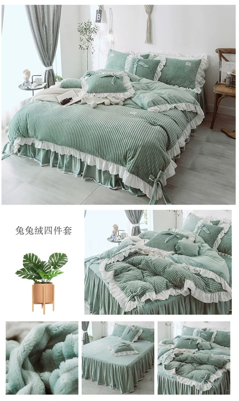 Hàn Quốc nhung công chúa gia đình gió thỏ bốn nhung san hô flannel dày giường chăn giường váy pha lê Fleece - Bộ đồ giường bốn mảnh