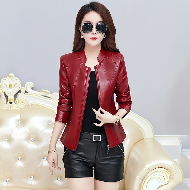 Genuine Leather Jacket for Women, Short, Slim Fit, Waist-Cinching, Plus Size, Spring and Autumn 2026, Haining Sheepskin, Fashionable Stand-Up Collar Jacket