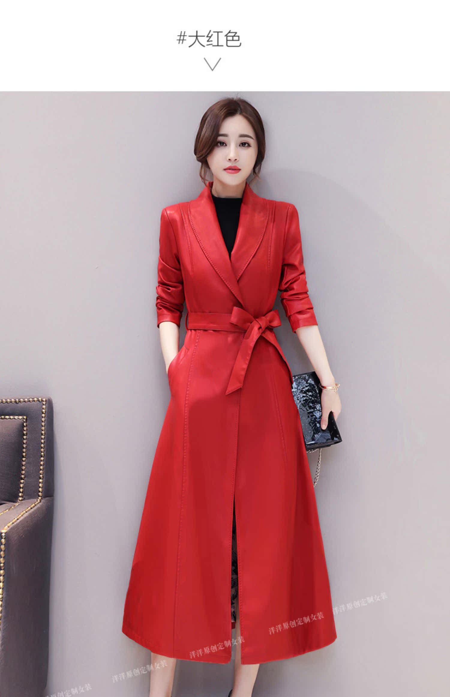 Áo khoác da nữ dài đến đầu gối Áo khoác hàn quốc 2018 xuân hè mới khí chất mỏng Slim Hained áo gió bằng da áo da thật cao cấp