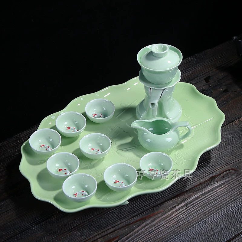 Bộ bàn trà bằng gốm sứ Long Tuyền celadon cối xay đá bán tự động bộ ấm trà đặt bộ ấm trà chén đặt nhà - Trà sứ