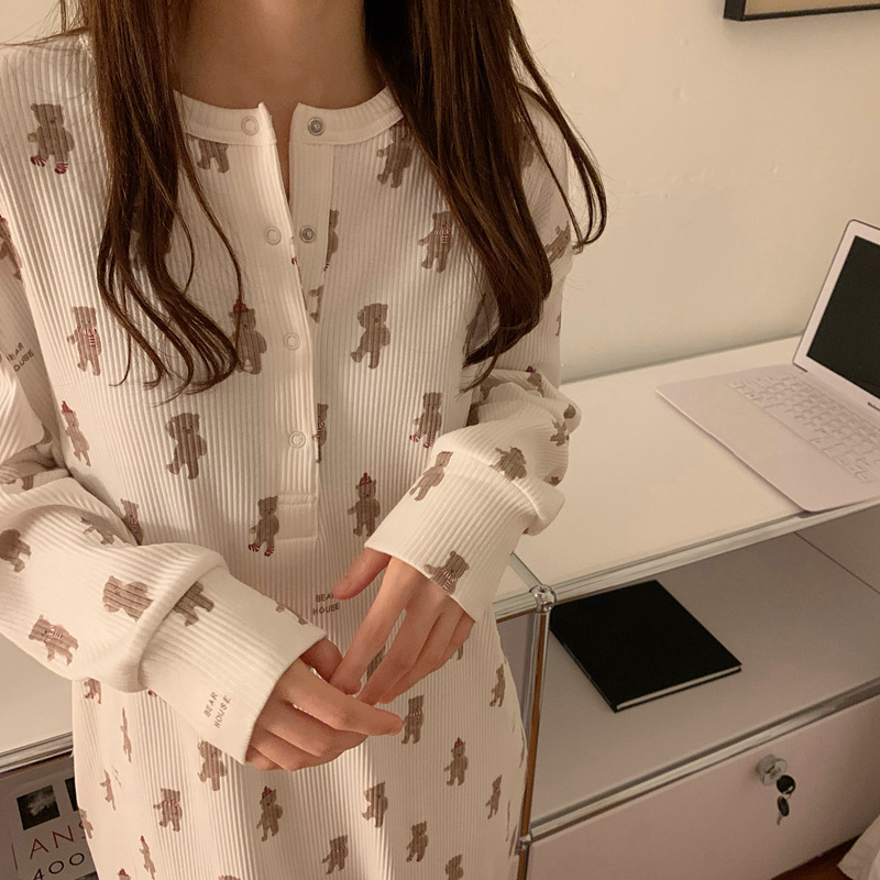 Japanese long version sleeping dress female cubs cute pure cotton over knee long sleeve sweet and beautiful cartoon pyjamas dress air conditioning