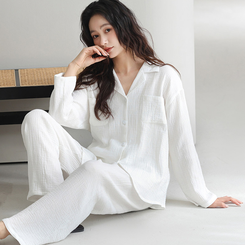 Victoria Pajamas for Women 2026 New Spring and Autum Long-Sleeved Pure Cotton Double-Layer Gauze White Home Wear Set
