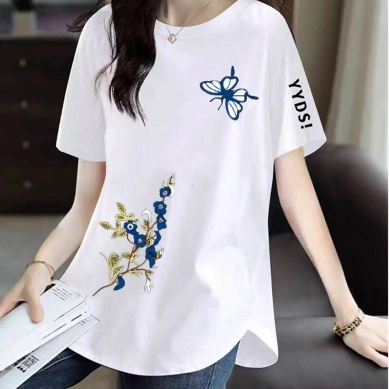 Pure Cotton Short-Sleeve T-Shirt for Women, 2026 New Style, Mid-Length, Covers the Hips, Suitable for Slightly Chubby Figures, Regular Shoulder, Slimming, Covers the Belly, Summer Top for Women