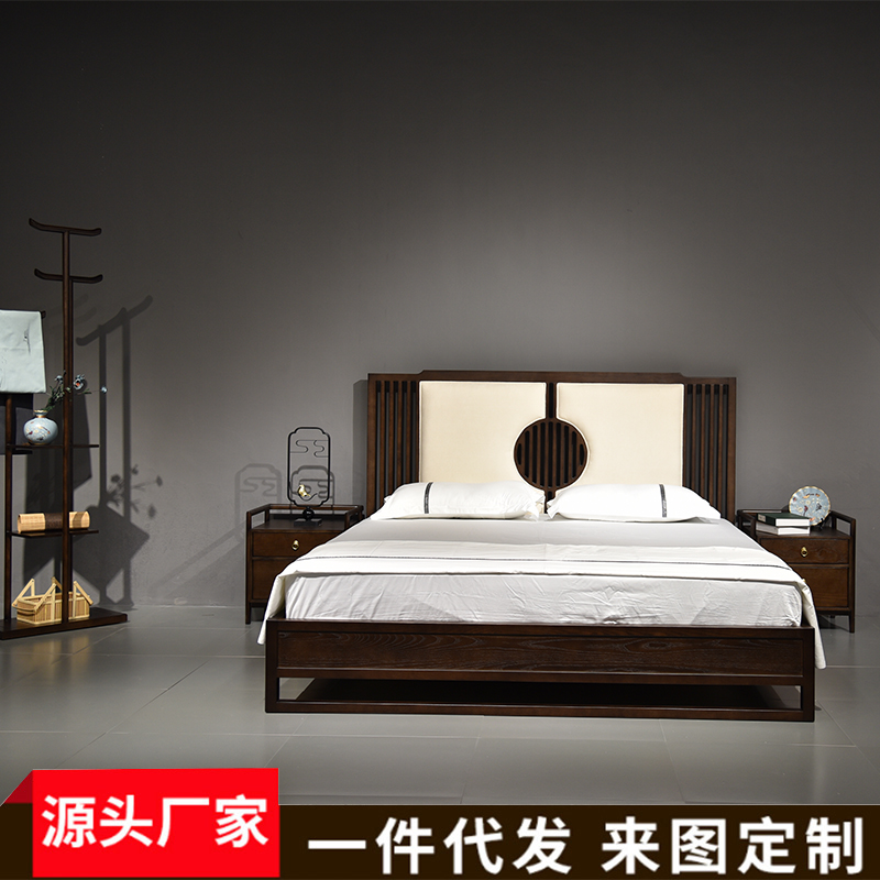 New Chinese style 1 8m bed solid wood double bed 2×2 2m modern Chinese fabric wedding bed bedroom model room