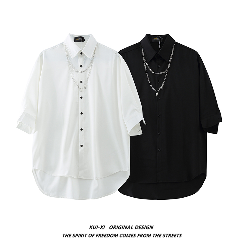 Men's Trendy Brand Niche Loose-Fitting Shirt with Chain, Three-Quarter Sleeves, Short in Front and Long in Back, High-End Ice Silk Short-Sleeved Shirt