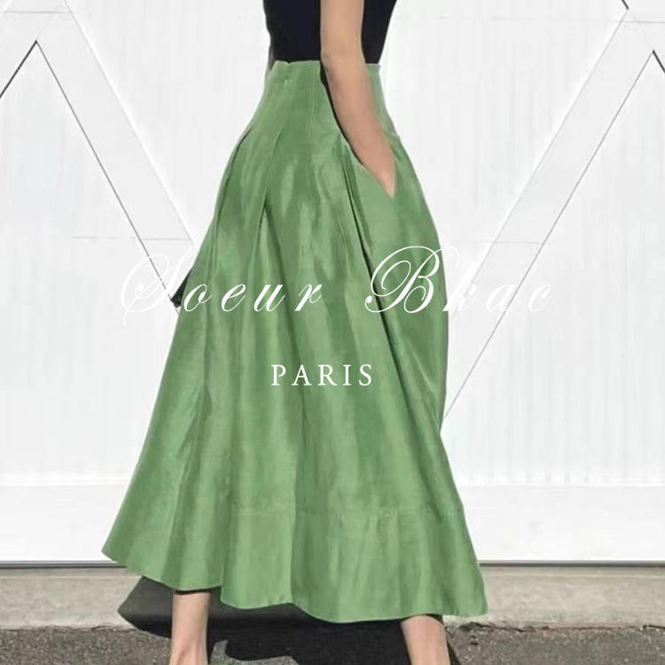 French Soeur Bkac French-Style Green Skirt for Women, Summer Hepburn Style Retro Elegant High-Waisted Puffy Long Skirt