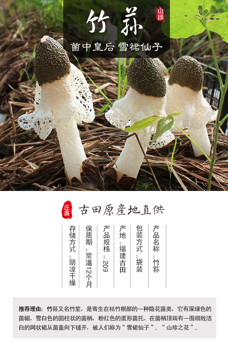 庄鑫 20新货 无硫熏古田竹荪干货 食用鲜香菌菇 20g/件 图1