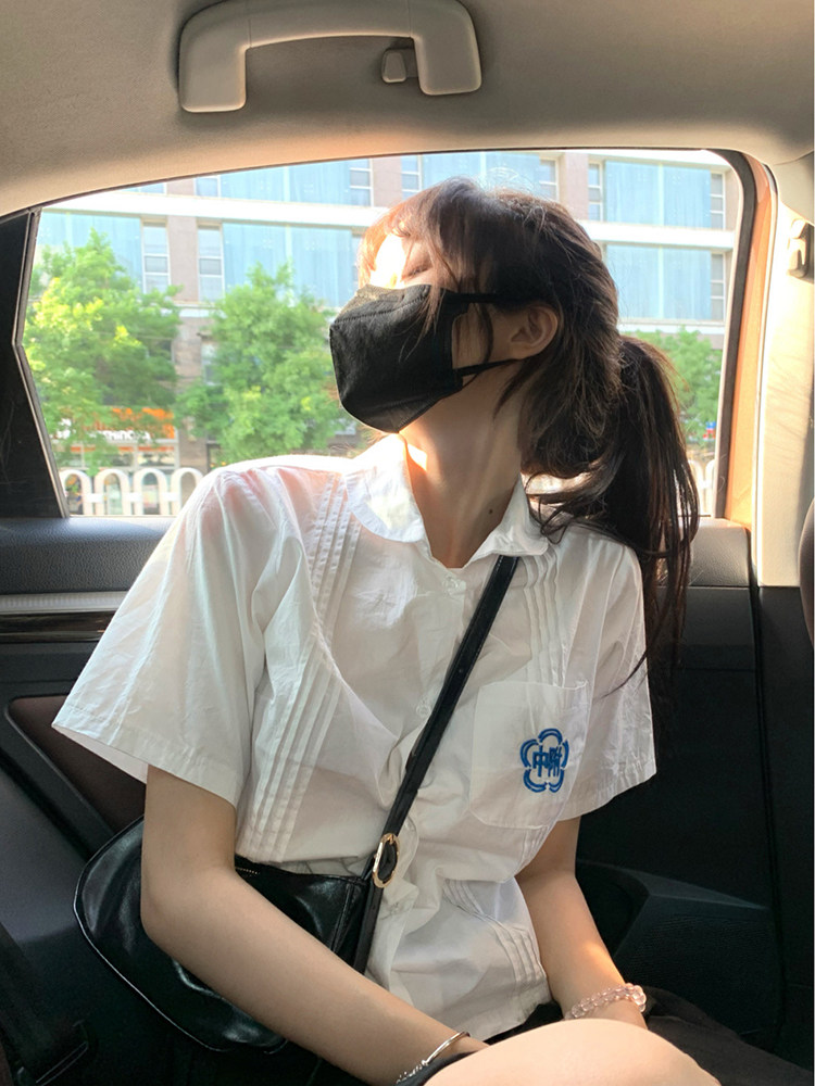 Taiwan Normal University Epiwear Shirt Banfu Foundation Accordion Plexant Shirt Short Sleeve JK Uniform Attached Embroidered Shirt Woman