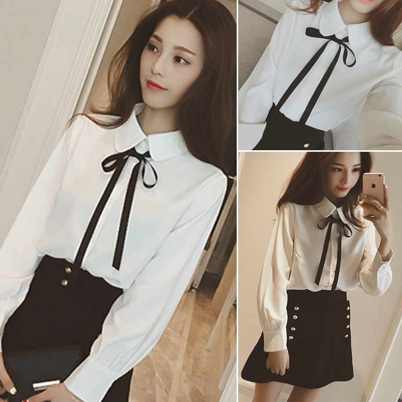 2022 Spring and autumn new Korean version student white shirt female long sleeve small Qing New butterfly knot design sensation small crowd shirt tide