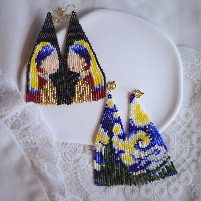 Meow Meow Handmade【Oil Painting】Girl with Pearl Earrings Van Gogh Starry Night Beaded Tassel Ear Clip Silver Ear Hook