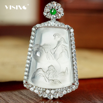VISING jewelry natural water foam jade Burmese quartzite jade landscape brand pendant national style meaning S925 silver