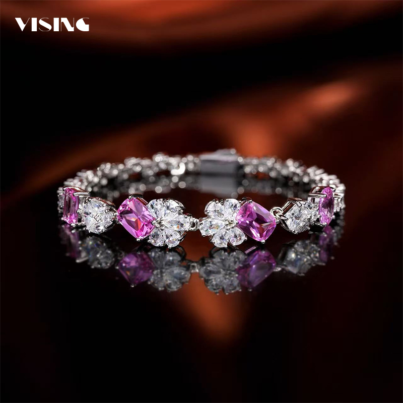 Vising Jewelry Cultivated Pink Sapphire Sparkling Bracelet Wristband S925 Silver