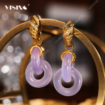 VISING jewelry natural primary color violet purple chalcedony multi-wear double-ring earrings national style comparable to jade