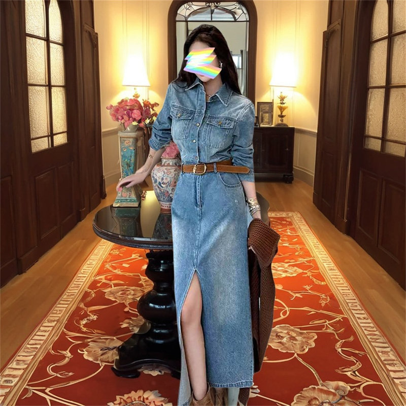 High-End Washed Denim Dress with Slit and Long Sleeves for Spring and Autumn, New Style for Women, Waist-Cinching Long Dress, Casual Light Luxury Denim Dress