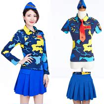 2020 new blue camouflage costume sailor dance set short sleeve T-shirt female cotton slim stand collar pleated skirt