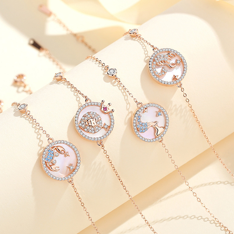 Original Sterling Silver Twelve Zodiac Sign Bracelet for Women, Korean Style Ins-Style Round Pendant Mother-Of-Pearl Jewelry, Fashionable Friendship Coin Bracelet