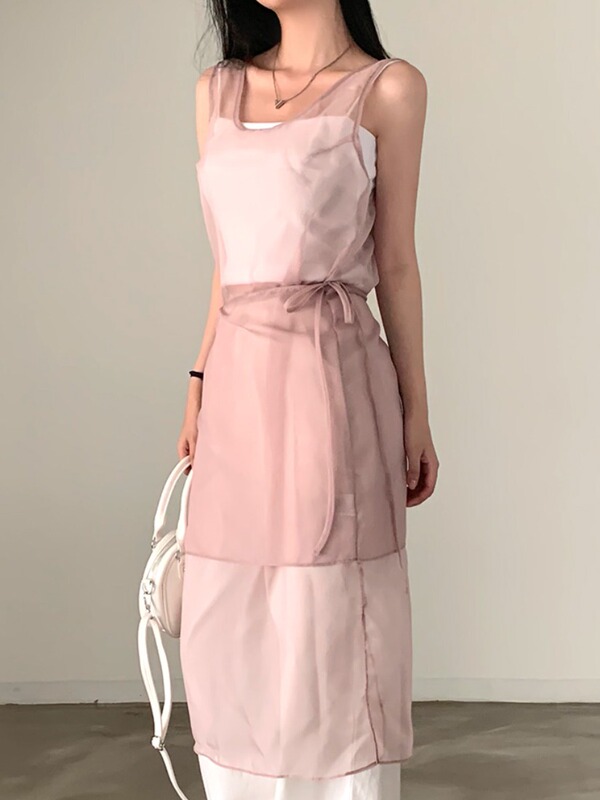 Korean Chic Summer Vintage Niche Design Layered Apron-Style Tie-Up Mesh Tank Dress