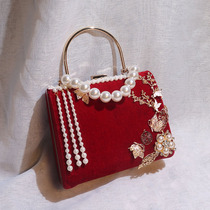 Late Yin original handmade Bride wedding mouth gold bag in ancient style Hanfu flower wedding red velvet Hand bag bag