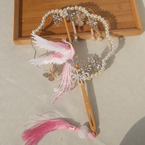 The original ancient air hollow pink crane fan Chinese clothing accessories bride wedding gift fan fan