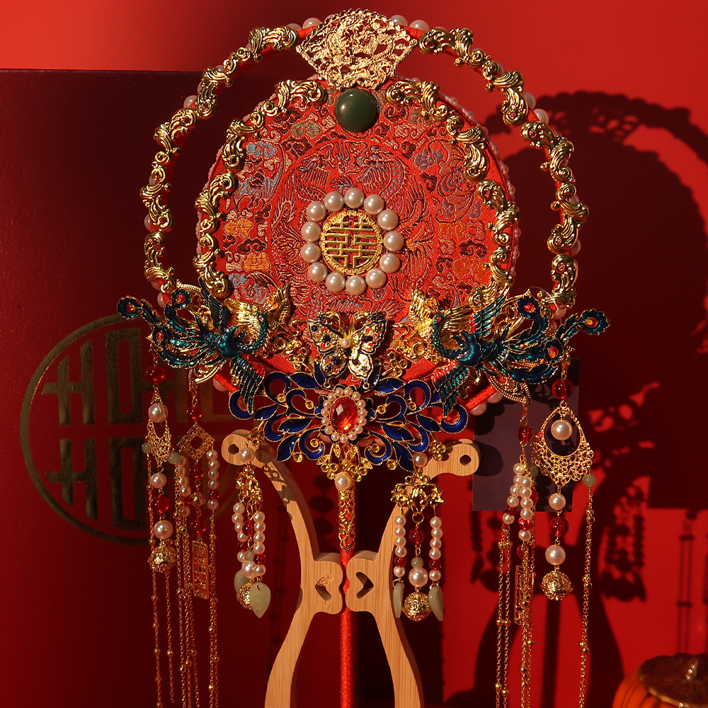 Bride fan double ring new product Xi fan finished wedding fan red Xiuhe wedding celebration gift box