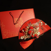 Evening original Bride wedding red fan marrying hand flower Chinese style ancient folding fan Xiuhe clothing handmade fan fan