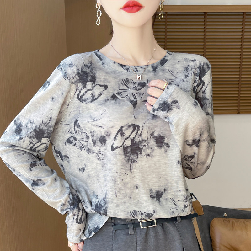薄款长袖t恤女洋气印花水墨印花夏季新针织衫圆领打底衫时尚上衣
