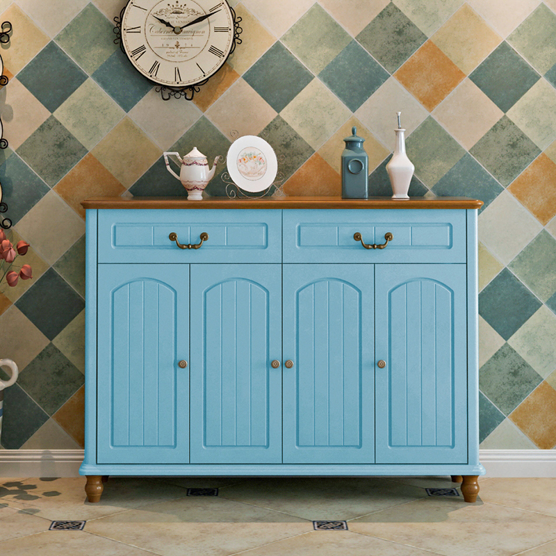 Mediterranean style shoe cabinet one meter high five-layer open door solid wood drawer paint blue entrance cabinet Ultra-thin shoe rack