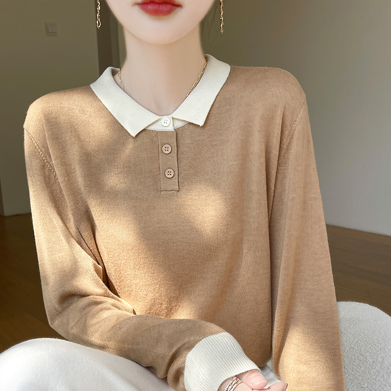 Autumn Stylish Thin Long-Sleeve T-Shirt Knit Top Early Autumn Turn-Down Collar Shirt Loose Polo Collar Top Base Sweater