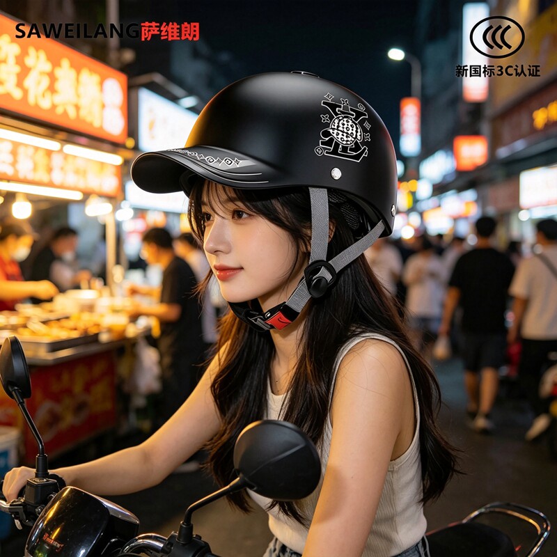 Peaked cap helmet with extended brim for sun protection and breathability