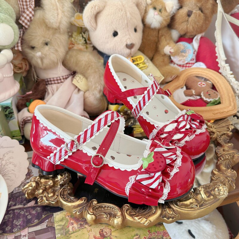 Strawberry Lolita Cat Claw Heels with Cute Lace Trim Sweet Candy Bow Lolita Shoes