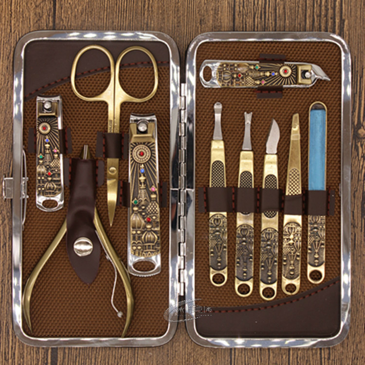 Russian Castle Nail Set 10 Pieces Manicure Nail Cutter Diamond Bronze Leather Gift Box
