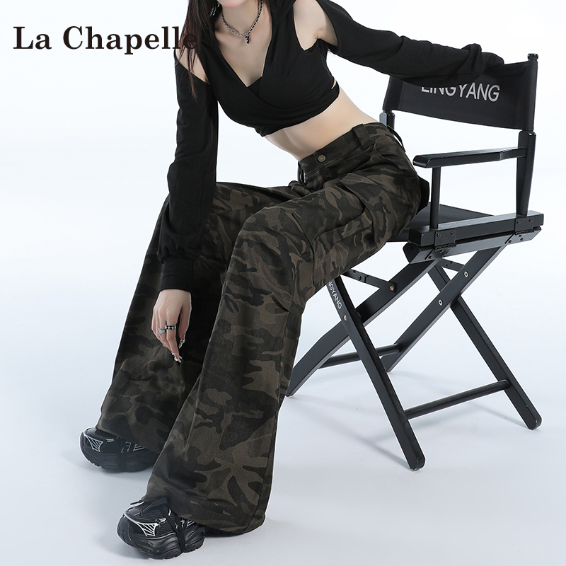 La Chapelle 迷彩柄フレアオーバーオール レディース 2025年夏新作 Sサイズ ミリタリーグリーン アメリカン登山パンツ