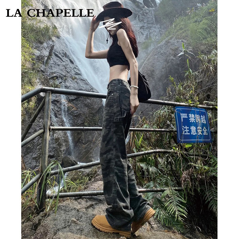 ラ・シャペル アメリカンカモフラージュ柄オーバーオール レディース 2025年夏 新作 スモールミリタリーグリーン ヒップホップ ハイキングパンツ