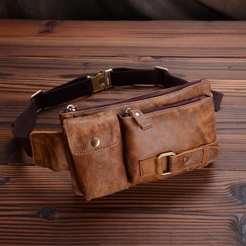 Retro leather men's waist bag outdoor sports first layer cowhide chest bag Korean version of the trendy multi-functional wallet mobile phone bag
