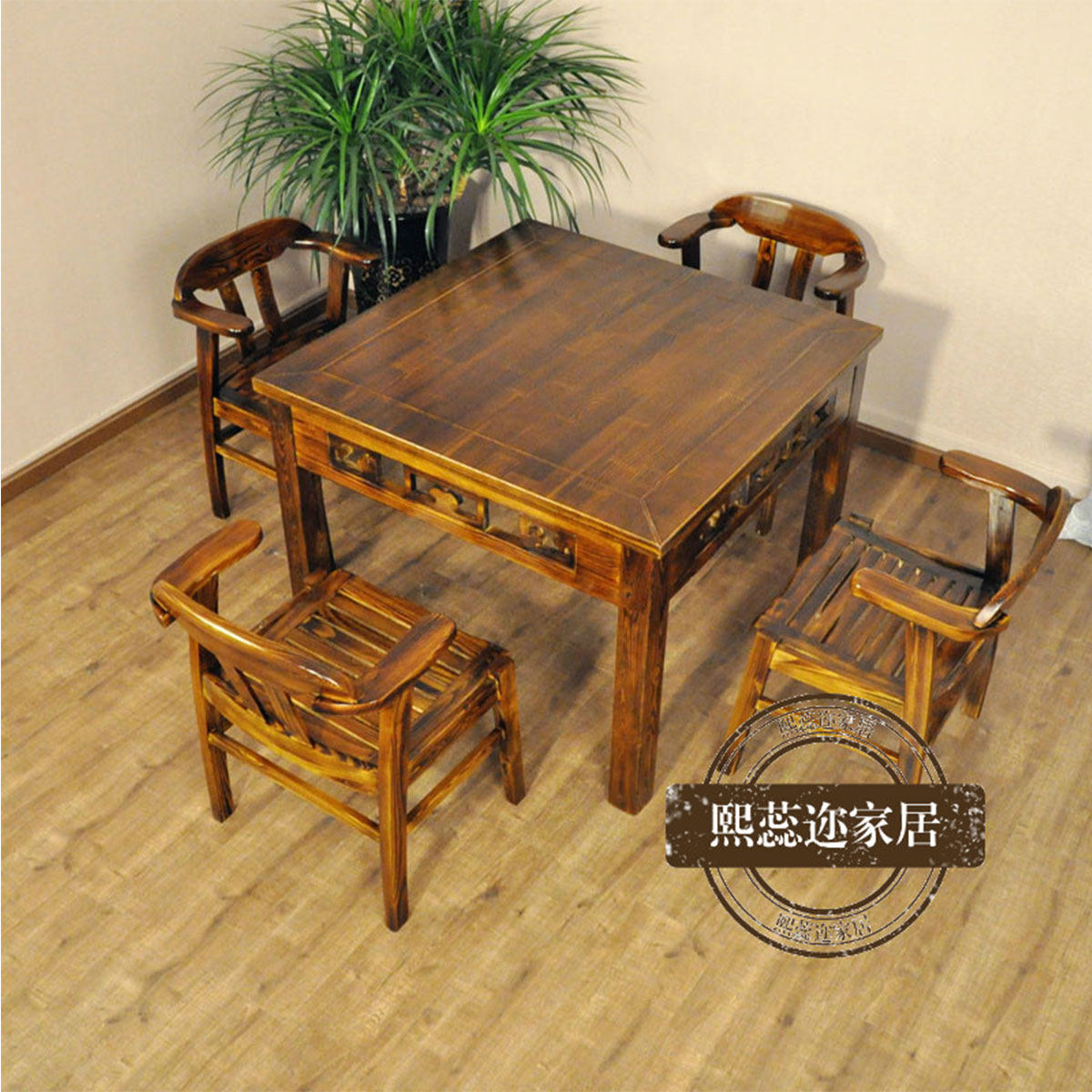 Carbonized solid wood Chinese restaurant tables and chairs Chinese style combination Ming and Qing Eight Immortals table carved antique tables and chairs tea table and chairs