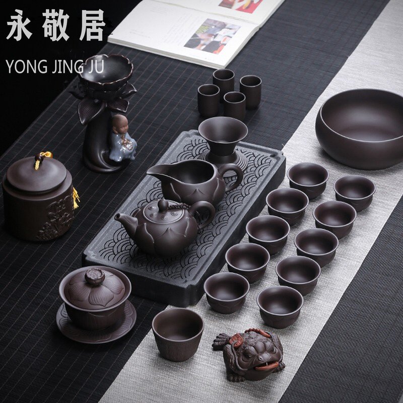Purple sand tea set household gift bowl cup cup ceramic kung fu tea set full office high-end