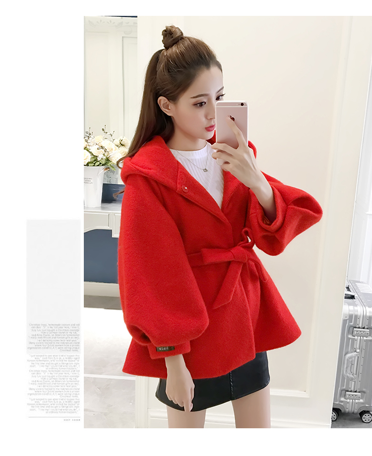 Áo khoác len nữ 2018 thu đông mới phiên bản Hàn Quốc của áo nỉ mỏng có thắt lưng màu đỏ Nizi tay áo lồng đèn áo dạ croptop