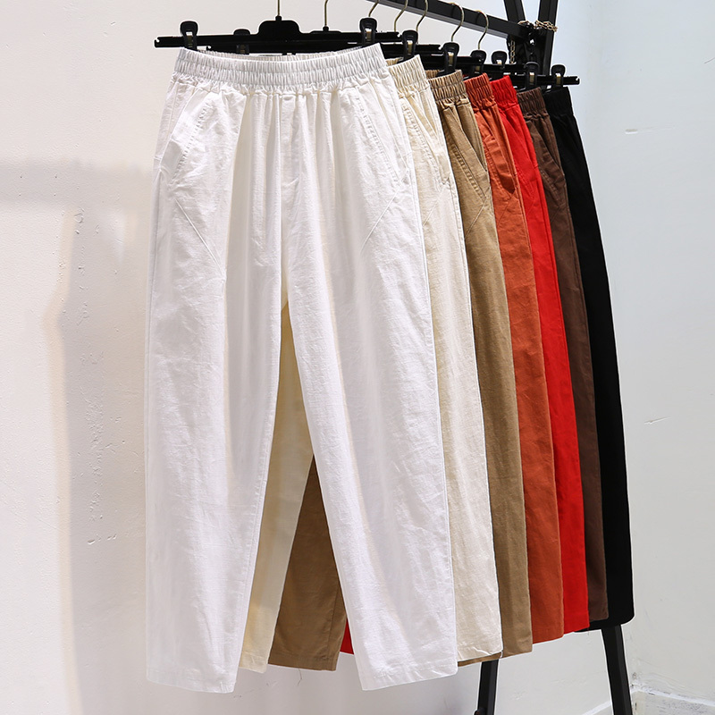 2026 Summer Thin Cotton Linen Casual Pants for Women High Waist Slimming Versatile White Loose Cropped Wide-Leg Harem Pants