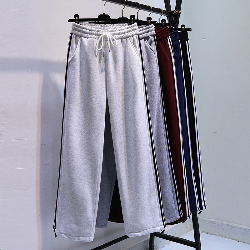 Fleece-Lined Three-Stripe Side Stripe Straight-Leg Casual Pants for Women, New Autumn and Winter High-Waisted Loose Jogger Gray Sweatpants
