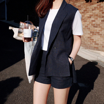 2022 Hemp Suit Vest Waistcoat suit female Xia Han version sleeveless cotton linen jacket wide-leg shorts Two sets thin
