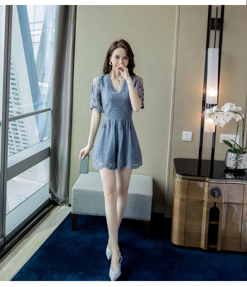 VK旗艦店 韓國名媛風透視蕾絲袖寬口褲套裝短袖褲裝