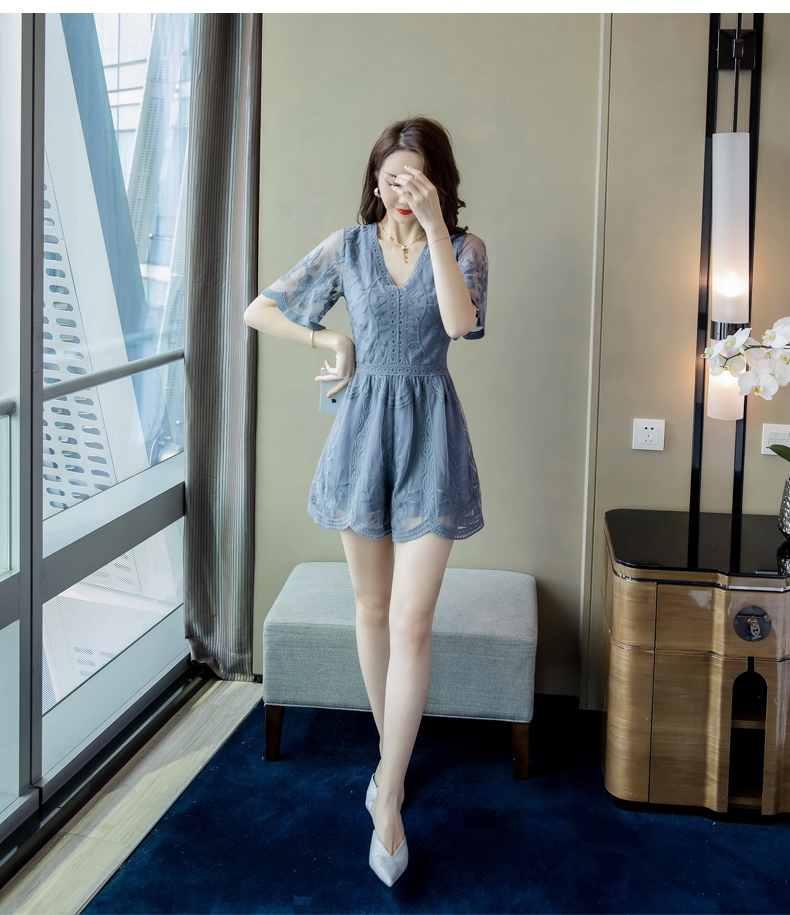 VK旗艦店 韓國名媛風透視蕾絲袖寬口褲套裝短袖褲裝