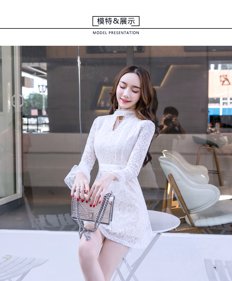 VK旗艦店 韓國風時尚蕾絲小心機性感拼接立領長袖洋裝