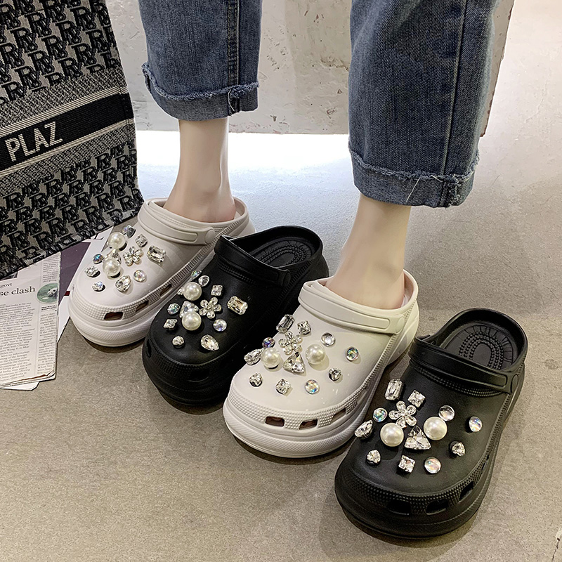 Japanese GP Cave Cave Shoes Women's Summer New Thick Bottom Heightening Baotou Slippers Pearl Water Drill Loose sandal sandals