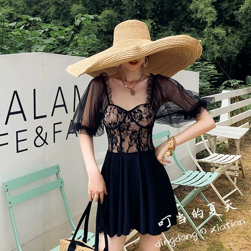 Элитная черная кружевная лента, топ с чашечками, купальник, юбка для отдыха, французский стиль, короткий рукав