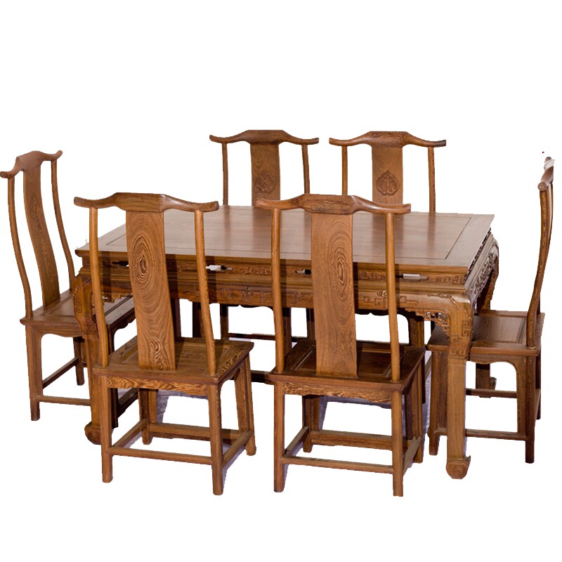 Chicken Wings Wood Furniture Red Wood Dining Table Rectangular Solid Wood Dining Table Carved Vintage Simple Dining Table And Chairs Combined 7 Pieces