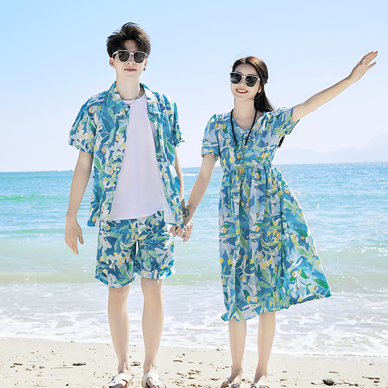 Sanya Bali Resort Beach Dress Couple Outfit Summer Dress Seaside Dress Short-Sleeved Floral Shirt Casual Suit