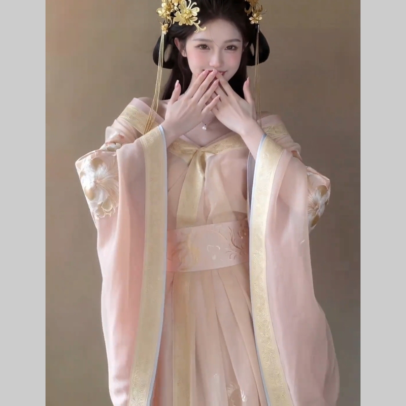 2026 Popular Model Yu Ji Hanfu with Intricate Embroidery, Improved Qin Dynasty Robe in Pink and Yellow, Wei and Jin Style Hanfu with Han Elements for Women