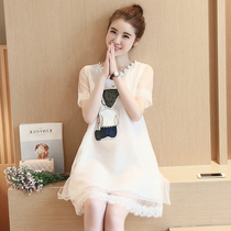 Radiation-proof maternity wear summer bellyband work short-sleeved mid-length lace mesh splicing dress petite